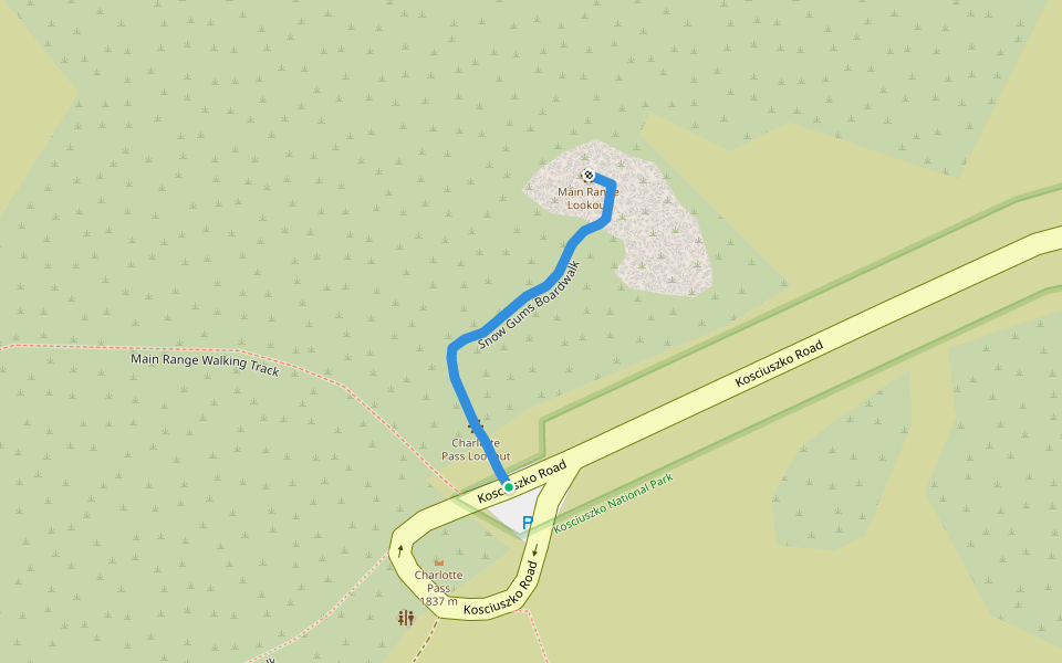 Snow Gums Boardwalk walking route map in Charlotte Pass