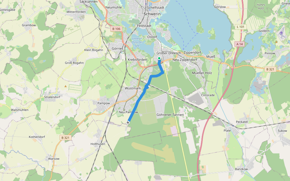 Alte Dömitzer Landstraße walking route map in Schwerin