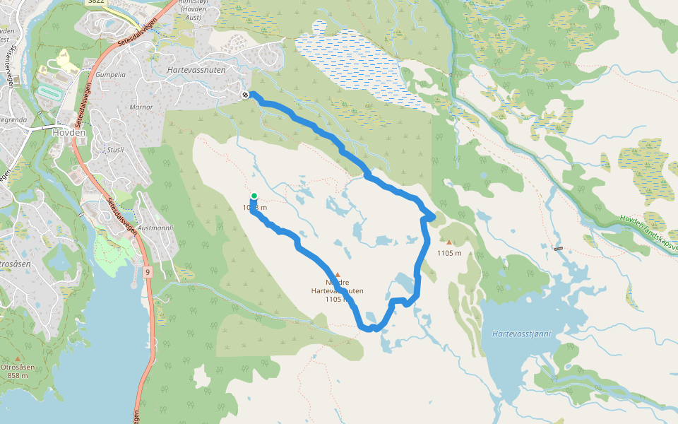 Hartevassnuten - lang walking route map in Hovde