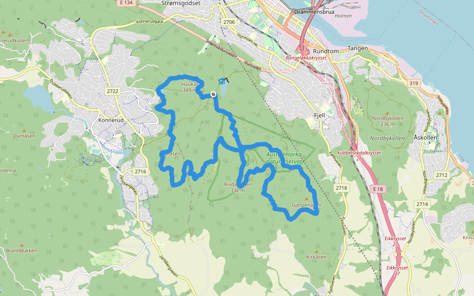 Strømsøåsrunden walking route map in Drammen