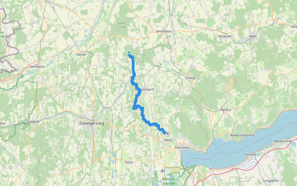 Z (Szajki tavak - Batyk – Zalabér – Csáford – Hezerédi h. – Zalakoppány – Kallosd – Kehidakustány – Nemesbükk – Hévíz, OKT) walking route map in Hosszúpereszteg