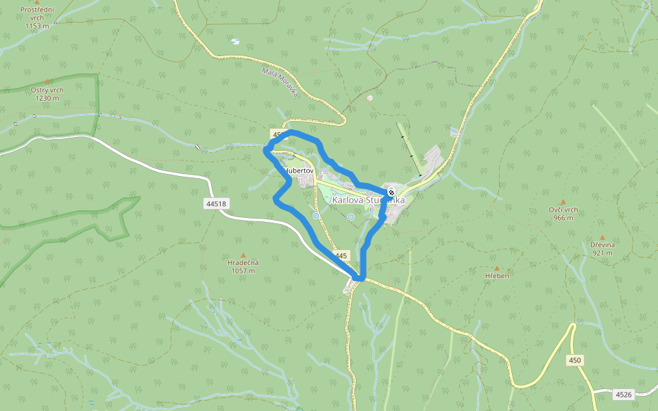 Lázeňská trasa Karlova Studánka červená walking route map in Karlova Studánka