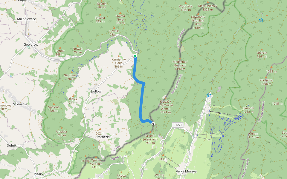 Jodłów - Horní Morava (CZ/PL) walking route map in Jodłów
