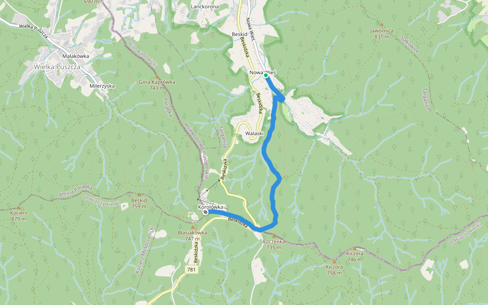 Szlak na Przełęcz Kocierską walking route map in Targanice