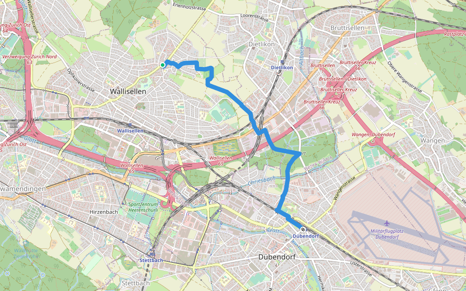 Rieden - Dübendorf walking route map in Wallisellen