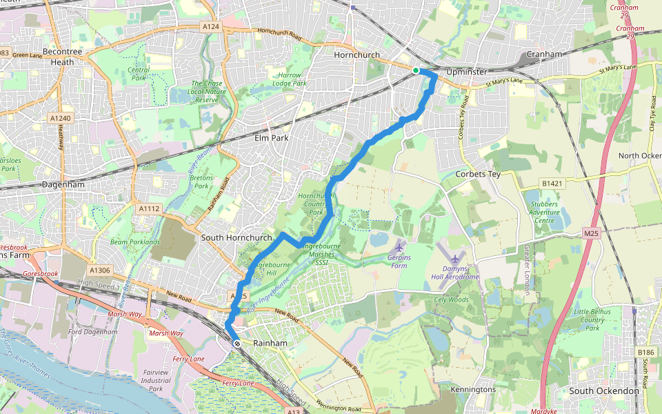 London LOOP (Section 23) walking route map in Hornchurch