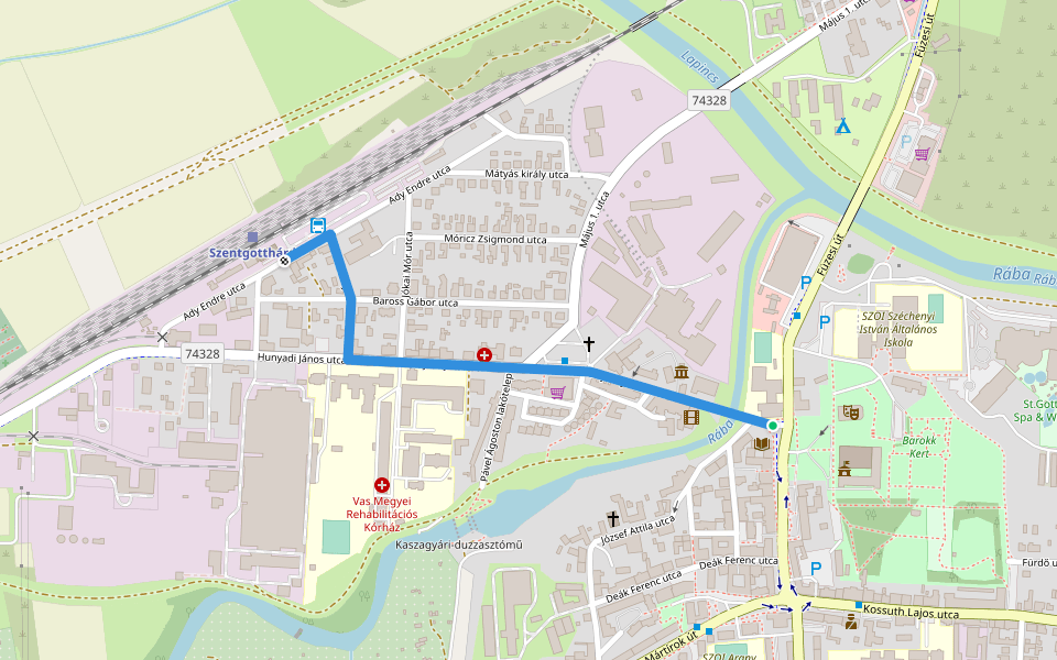 P+ (Szentgotthárd, Széll Kálmán tér – Hunyadi János utca – Szentgotthárd, vá.) walking route map in Szentgotthárd