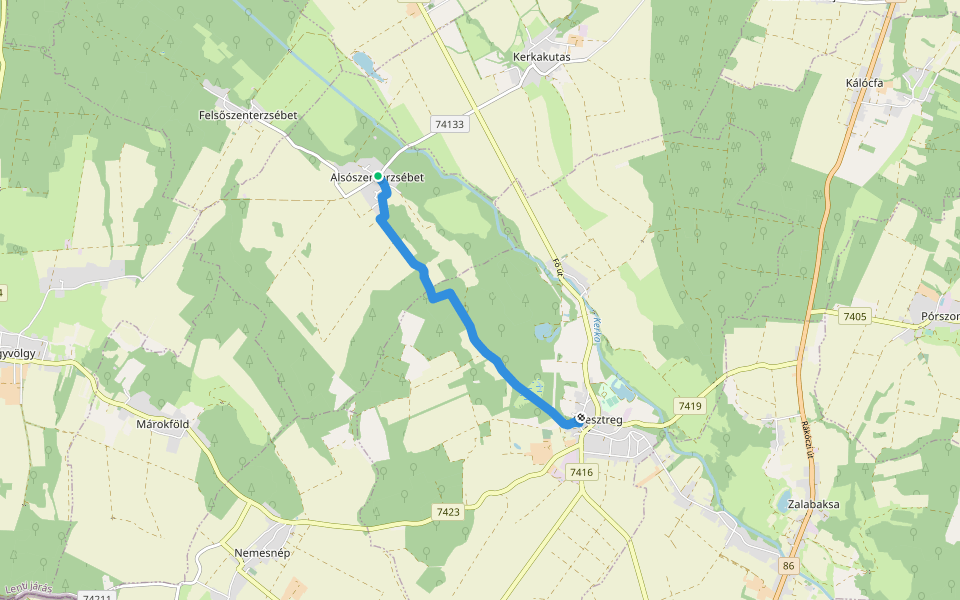 K+ (Alsószenterzsébet – Cseri-hegy – Csesztreg) walking route map in Alsószenterzsébet