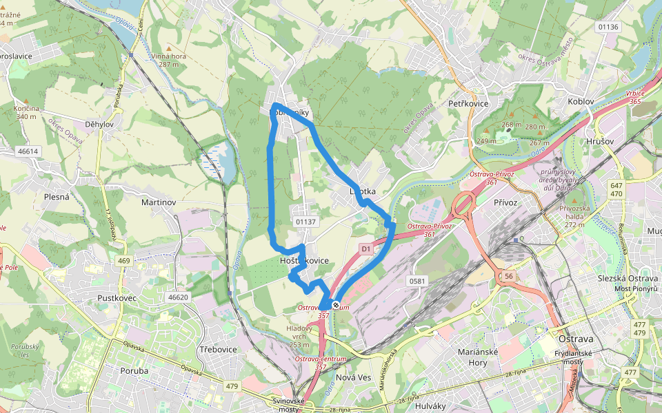 Hoštálkovicemi a Lhotkou walking route map in Ostrava