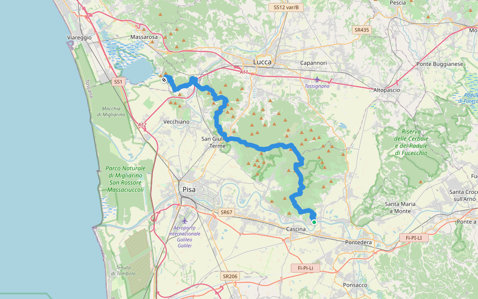 Sentiero Pisa: Da San Giovanni alla Vena a Ripafratta e Oltre Serchio: da Ripafratta alla Palude di Massacciuccoli walking route map in Vicopisano