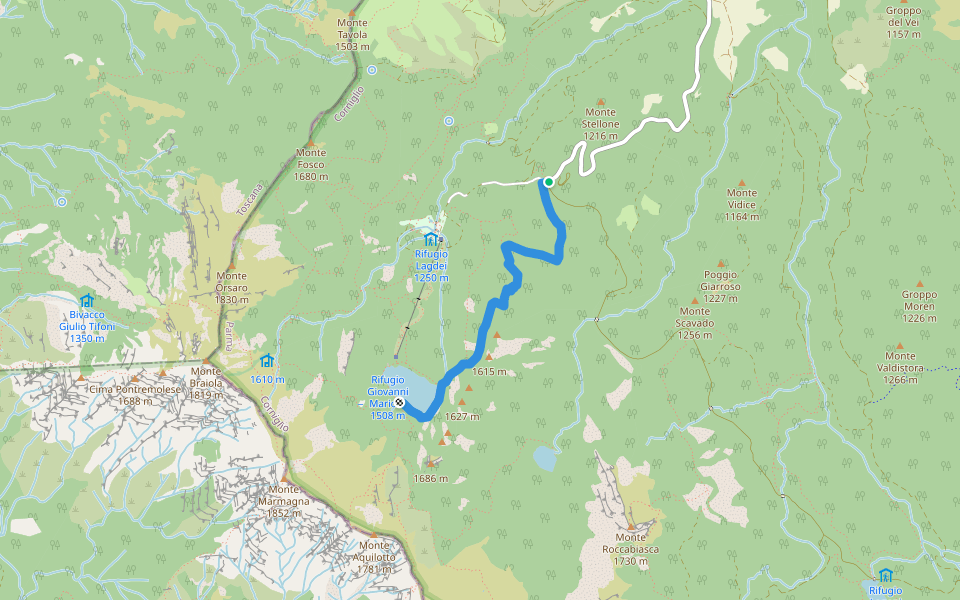 "Sentiero delle Carbonaie" I Cancelli di Lagdei - bivio 723A - Lago Santo (emissario) - ex peschiera del Lago Santo walking route map in Lagdei
