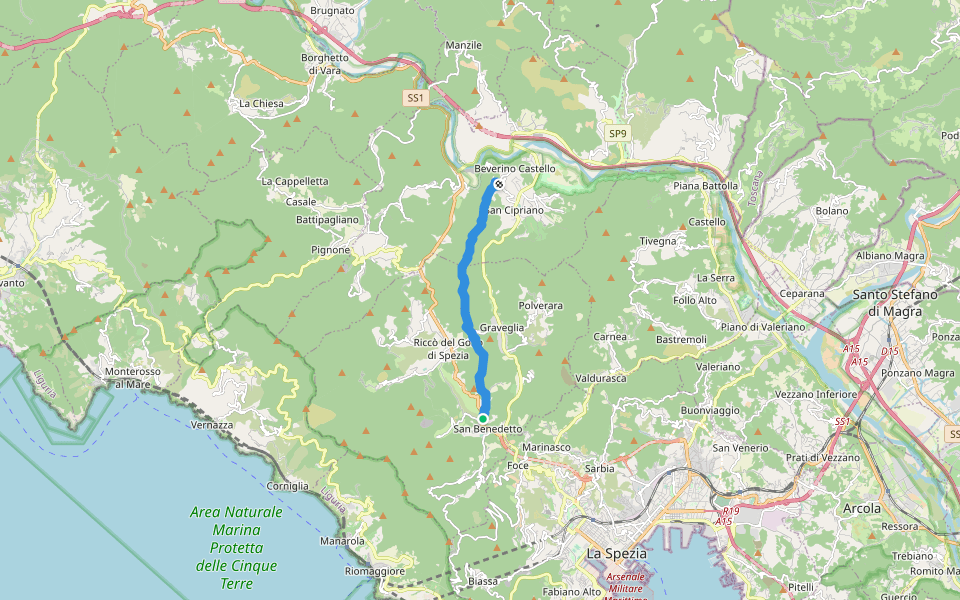 San Benedetto - Debbio - Cima del Perdono - Beverino (Sentiero del Perdono) walking route map in San Benedetto