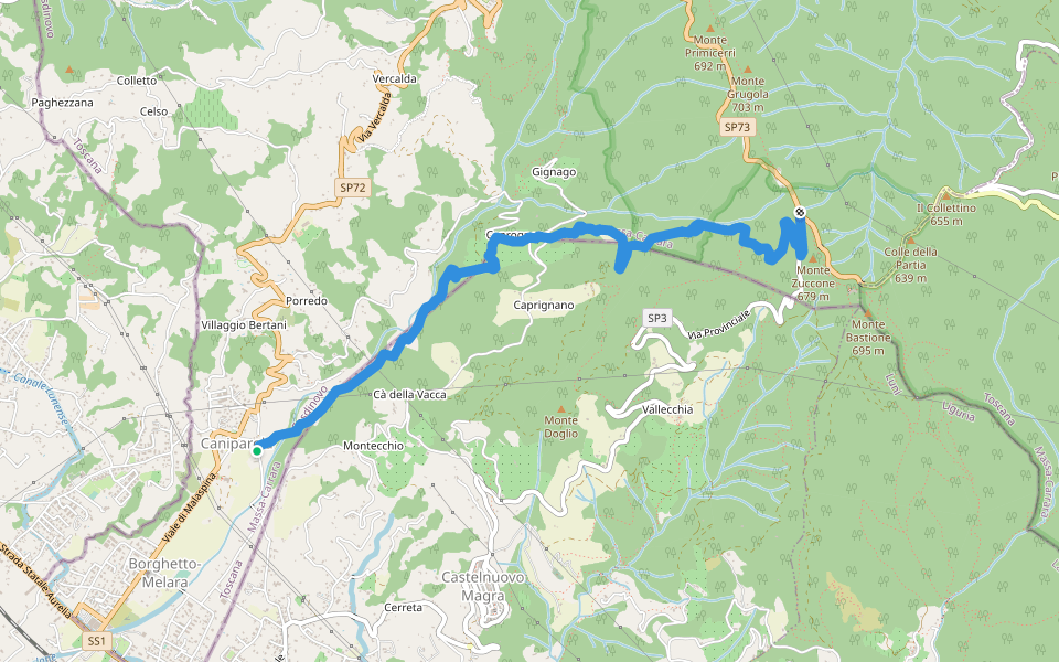 Caniparola - Caprognano - Casala - "La Spolverina"- Strada Provinciale 51 - SP73 - Sent.295 walking route map in Caniparola