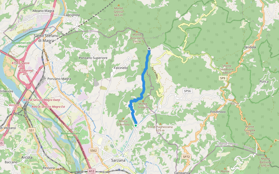 Ponte Budella – C. Magni – M. Groppo - Prulla – crinale walking route map in Sarzana