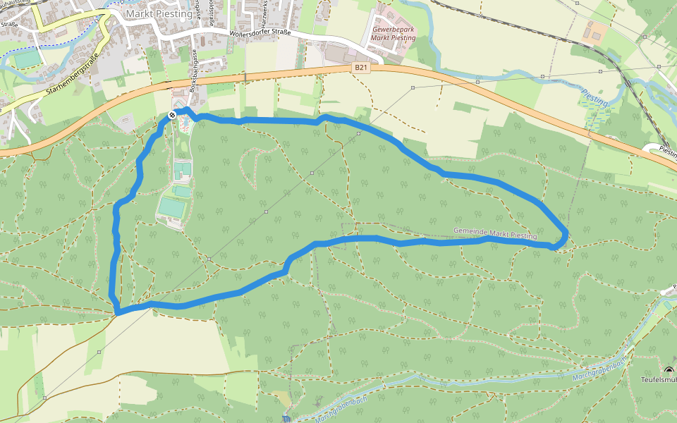 Markt Piesting Waldbad - Rotes Kreuz - Prangelnwald Rundwanderweg walking route map in Markt Piesting