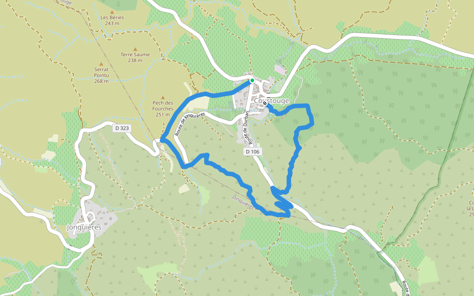 Les Trois Quilles walking route map in Coustouge