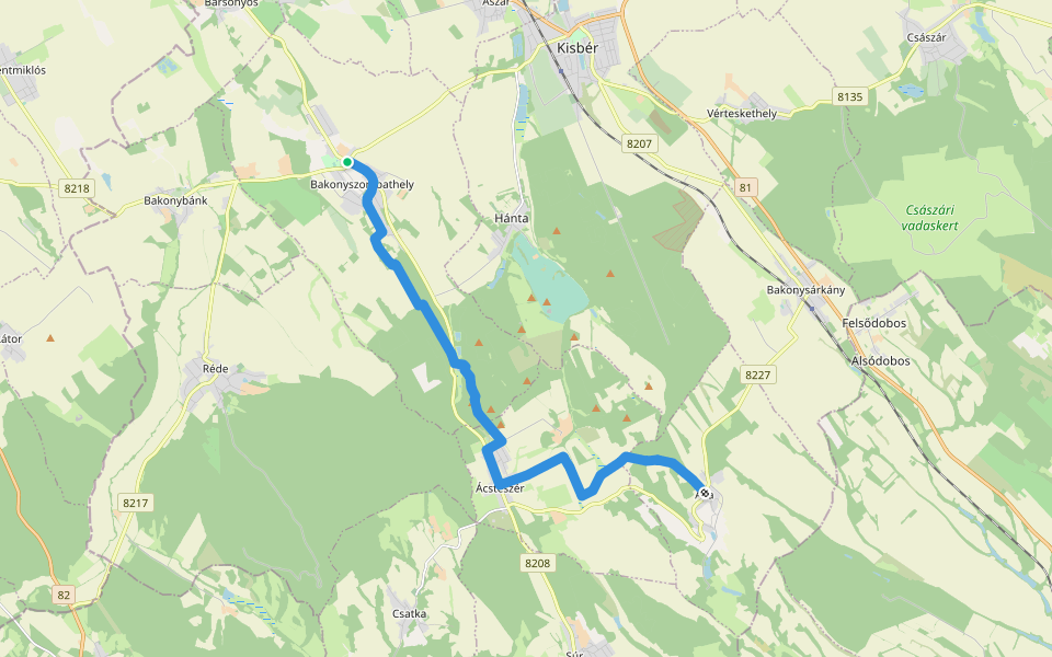 P (Aka – Bakonyszombathely) walking route map in Bakonyszombathely