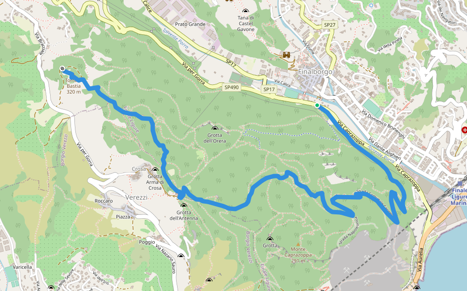 Finalborgo - Chiesa di Verezzi - Torre Bastia walking route map in Finale Ligure