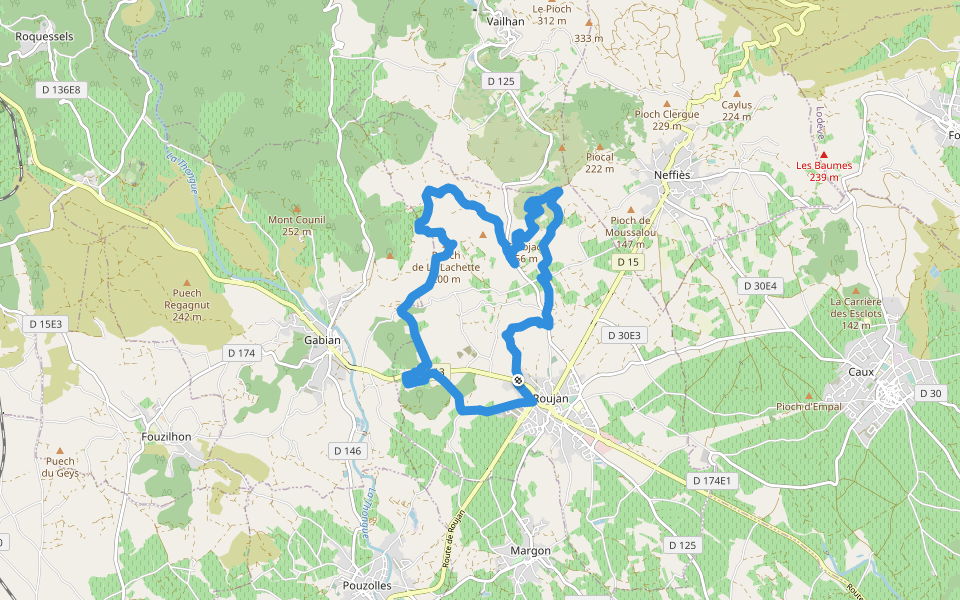 Roujan - Abbaye de Cassan walking route map in Roujan