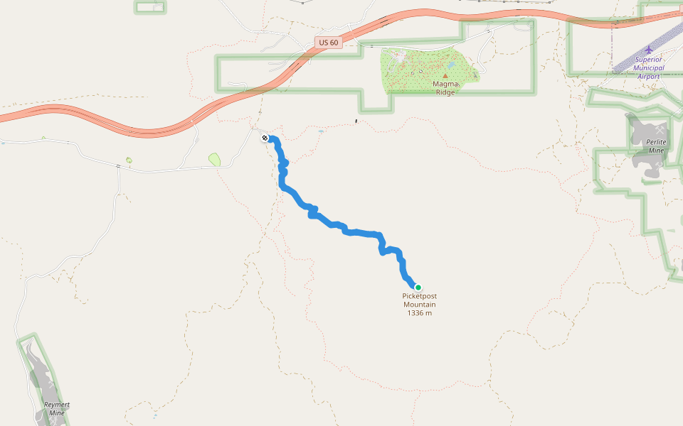 Picketpost Mountain Summit Trail walking route map in Superior
