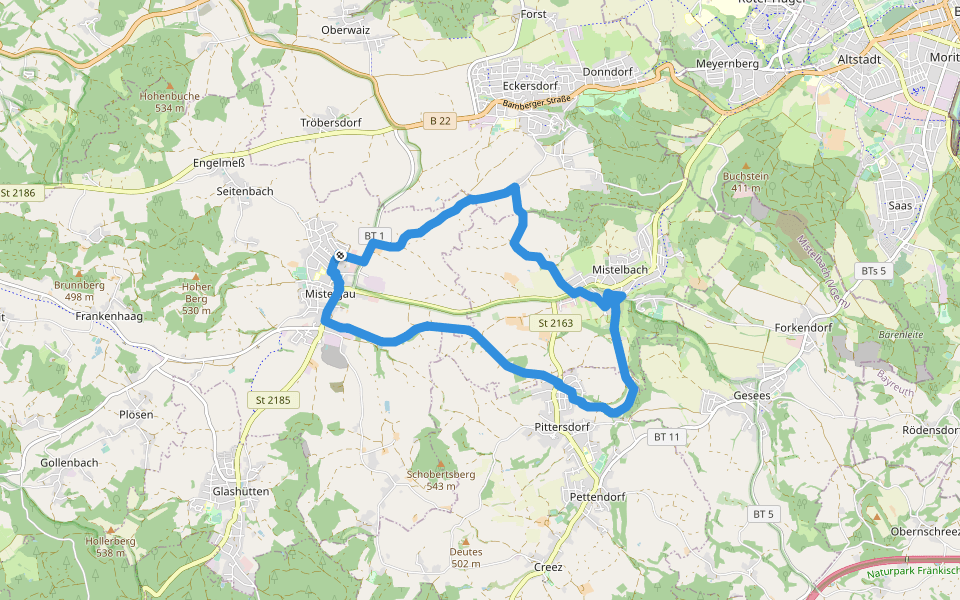 Mistelbach Rundwanderweg "Auf den Spuren der Eisenbahn" walking route map in Mistelgau