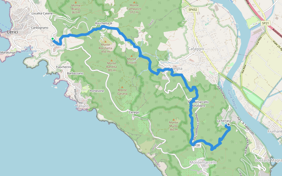 La Ferrara - Foce di Lizzano - Ameglia - Rocchetta - La Serra walking route map in Lerici