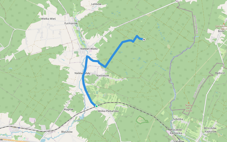 Niekłań - Piekło Niekłańskie walking route map in Wólka Plebańska