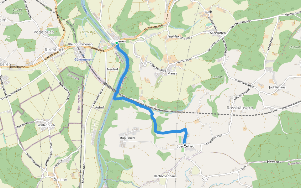 Gümmenen - Spengelried walking route map in Mühleberg