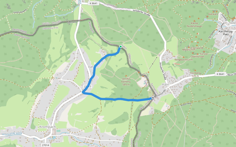 [Ž] Hain (CZ/D) - Krompach (bus) walking route map in Oybin