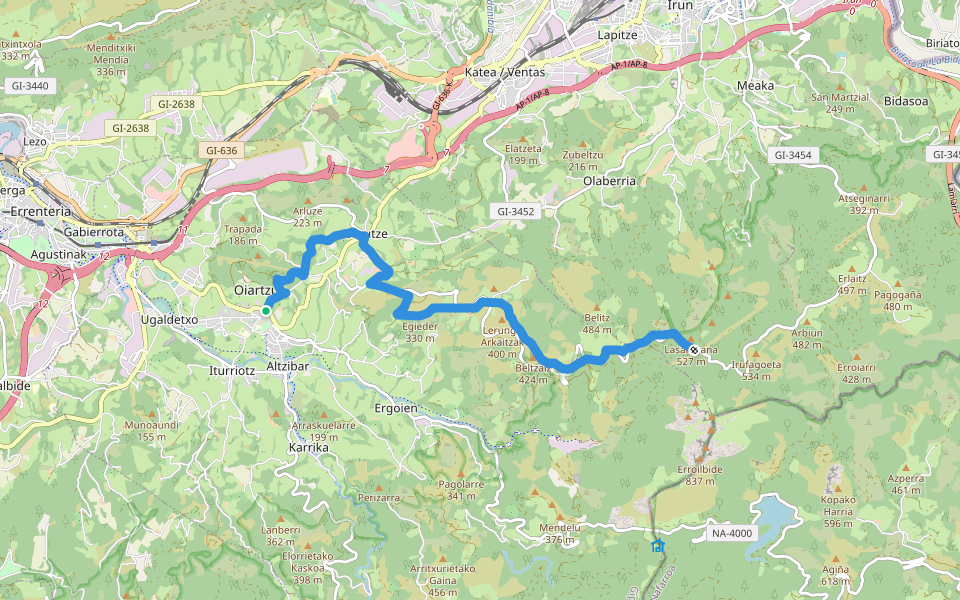 PR-GI 1011 Oiartzundik Aiako Harrira walking route map in Oiartzun