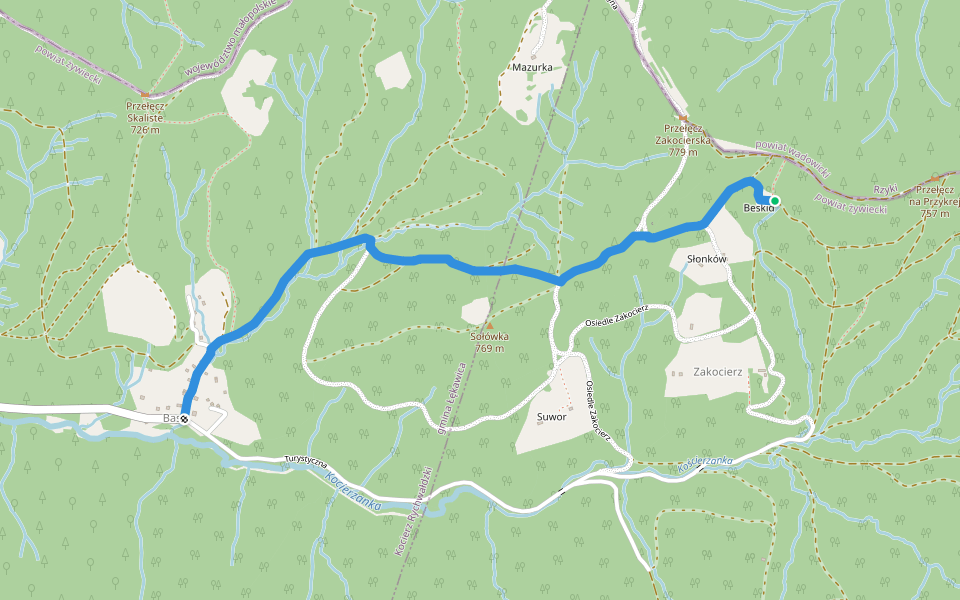 Szlak do Chatki pod Potrójną walking route map in Zakocierz