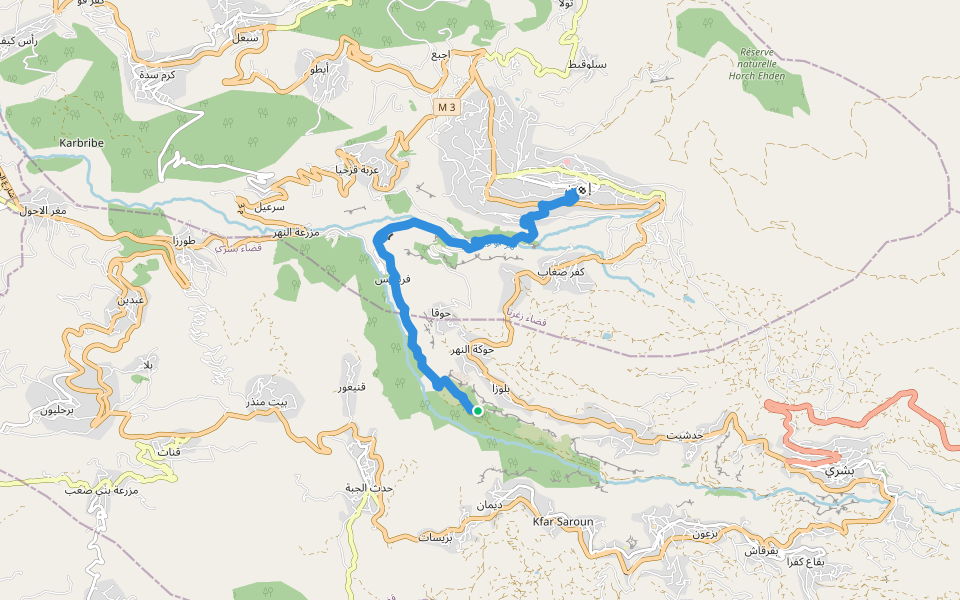 Sentier de Montagne du Liban walking route map in Wadi Qannoubine