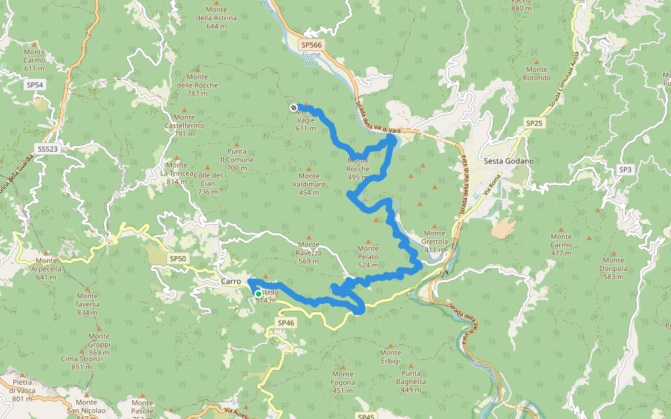 Carro – Sepponi – Trambacco - Cerreta – Stanga – Monte Rocche – Monte Vagie walking route map in Carro