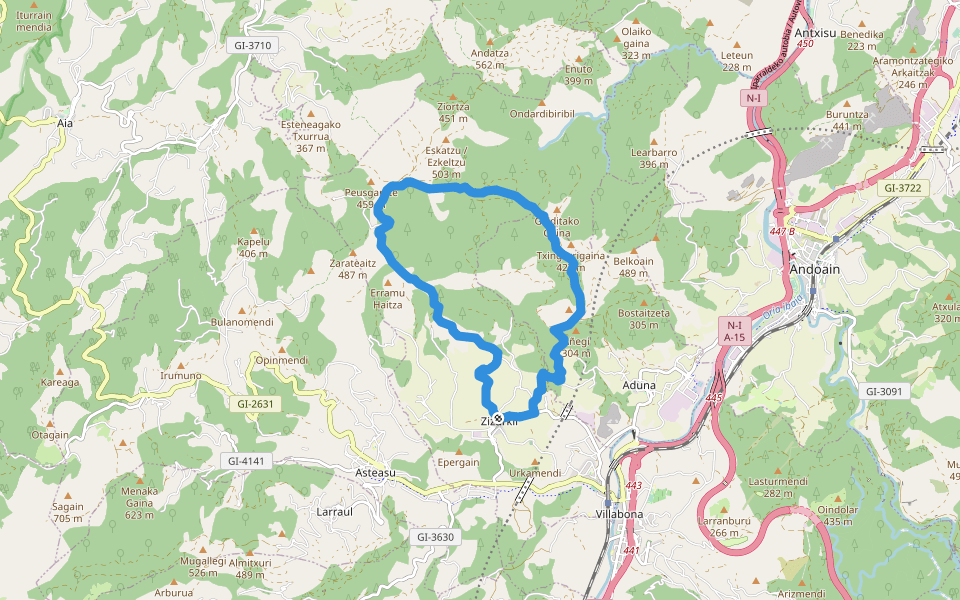 PR-GI 117 Zarateko bidea walking route map in Zizurkil