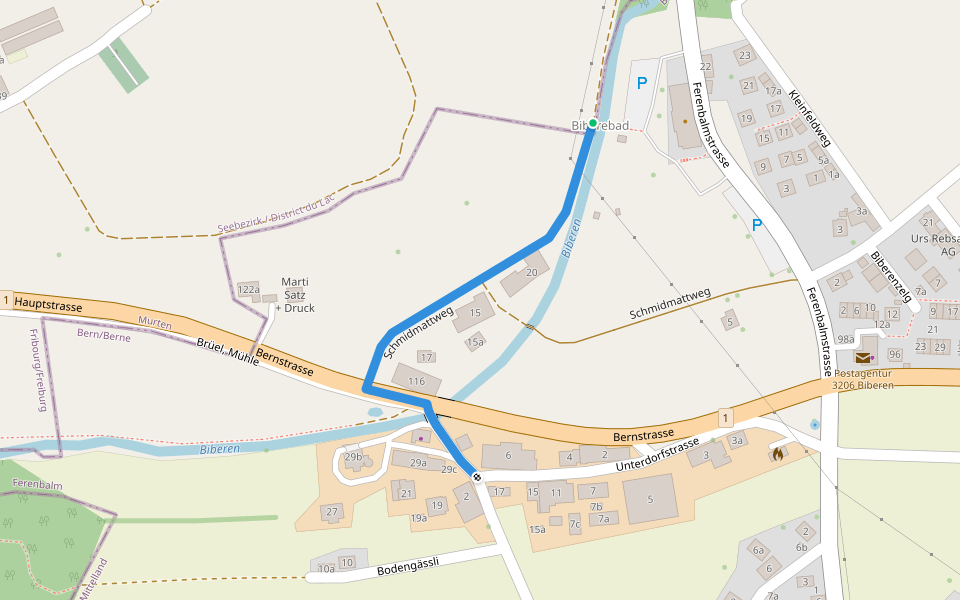 Biberebad - Biberen/Mühle walking route map in Ferenbalm