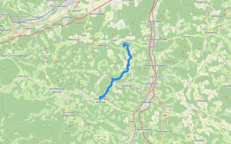 Feistritz am Wechsel - Hollabrunner Riegel (Gasthof zur Schönen Aussicht) - Eben - Kirchau walking route map in Feistritz am Wechsel