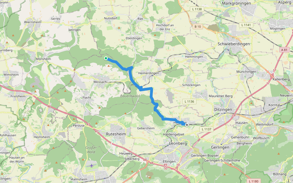 Höfingen Bahnhof - (Weissach) Anschluß Rtg. Vaihingen/Enz walking route map in Weissach