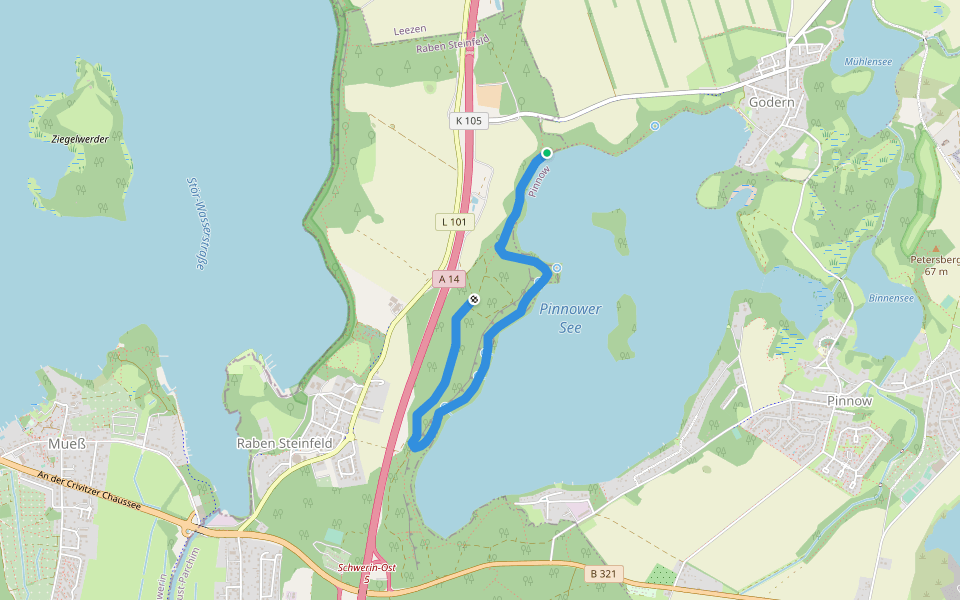 Westufer Pinnower See walking route map in Raben Steinfeld