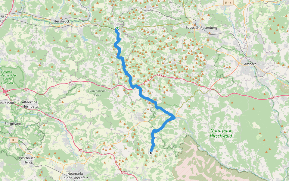 Gelbkreuz (Erzweg Birgland Schlaufe) walking route map in Pommelsbrunn