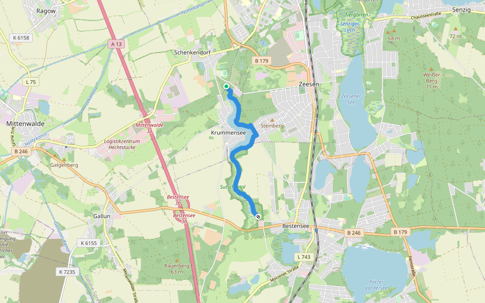 Wanderweg Sutschketal - Ostseite Krummer See walking route map in Mittenwalde