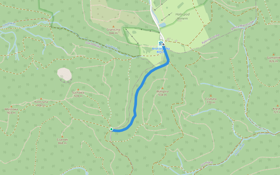 Rozdroże pod Waligórą - Schronisko Andrzejówka walking route map in Rybnica Leśna