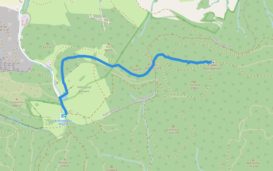 Schronisko Andrzejówka - Pod Turzyną walking route map in Rybnica Leśna