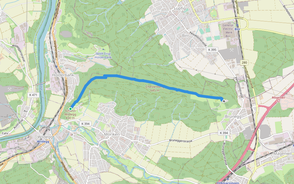 Schloss Brunegg - Chestenberg - Schloss Wildegg walking route map in Möriken-Wildegg