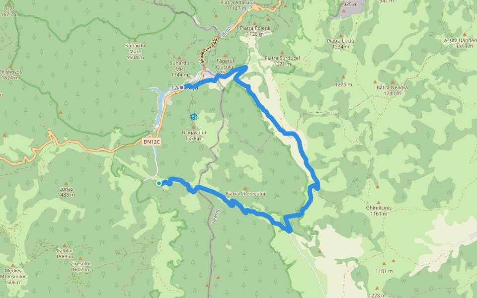 Valea Oii – Culmea lui Paleu – Lacu Roșu (red dot) walking route map in Lacu Roșu