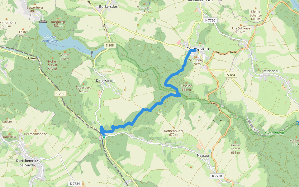 Nassau Ölmühle - Gimmlitztal - Frauenstein walking route map in Frauenstein
