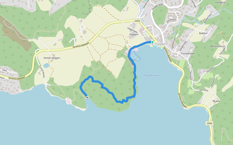 Over Helgåsen til Fagervik walking route map in Hyggen