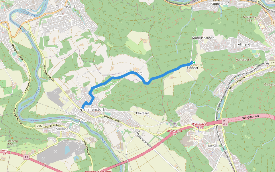 Birmenstorf - Petersberg - Baldegg walking route map in Baden