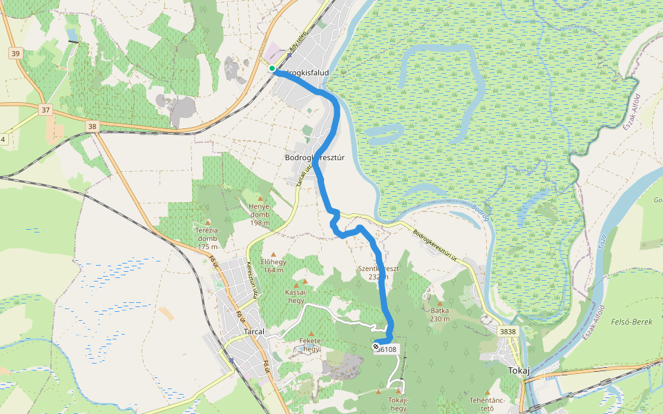 P+ (Bodrogkeresztúr) walking route map in Bodrogkisfalud