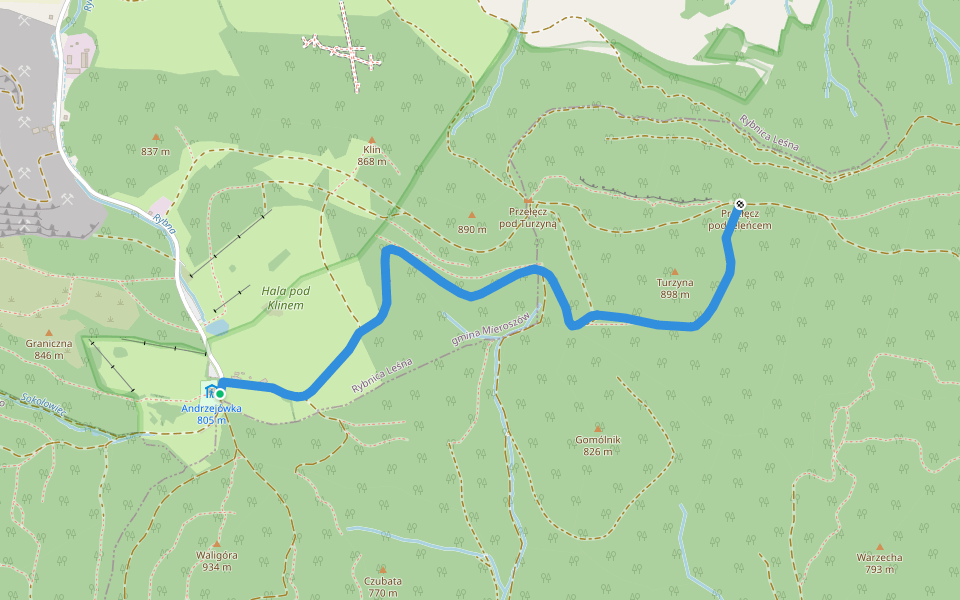 Schronisko Andrzejówka - Pod Turzyną walking route map in Rybnica Leśna
