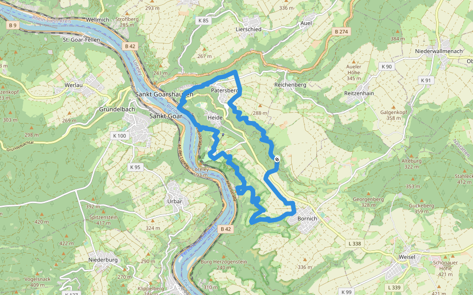 Rheinsteig Loreley-Extratour walking route map in Reichenberg